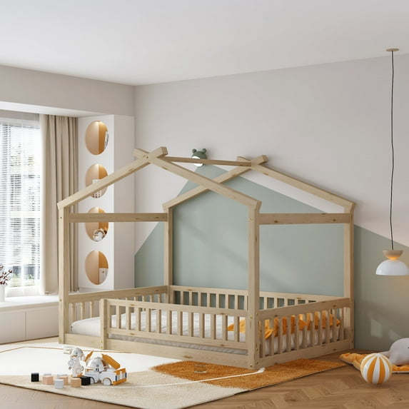 Cterwk Full Size Wood Bed House Bed Frame with Fence, Brown