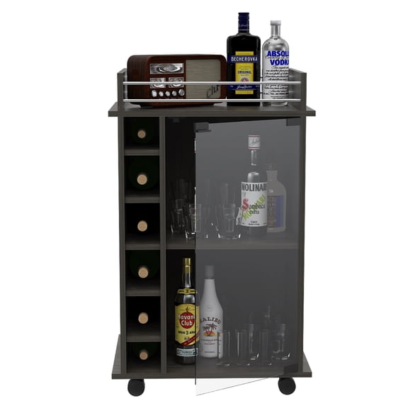 Cterwk Glass Door Bar Cart with 2 Shelf and 6 Bottle Rack
