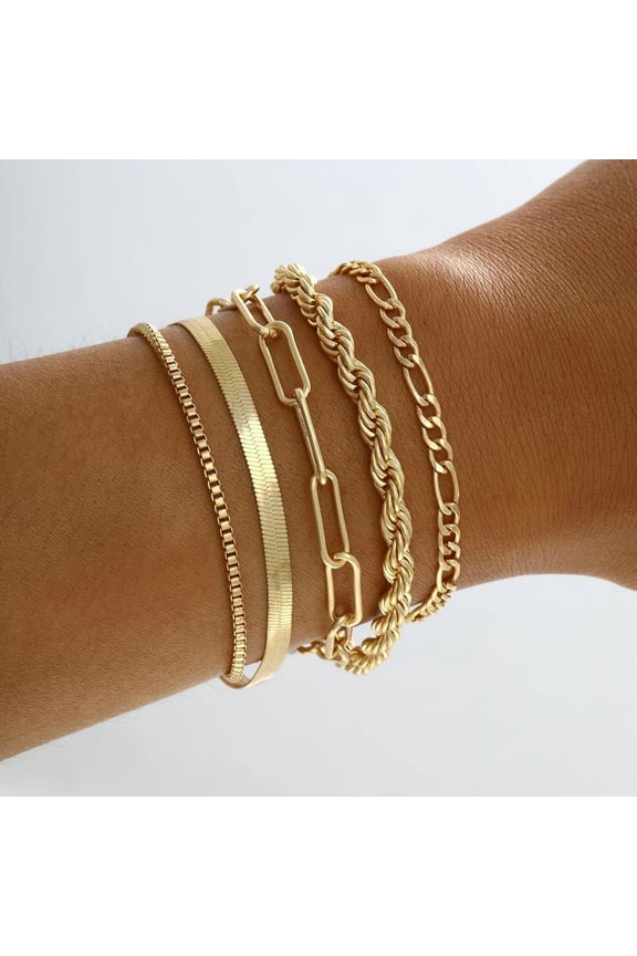 Gold Link Bracelet Set for Women Girls, 14K Gold Plated Classic Adjustable Layered Bracelets Jewelry