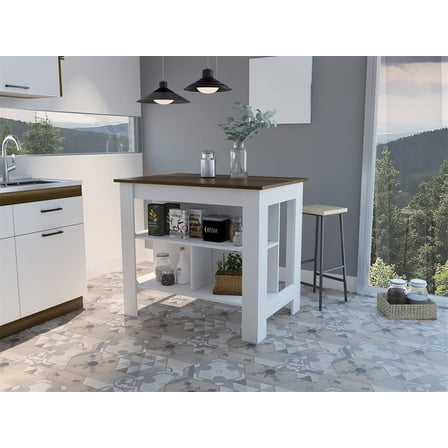 Cterwk Kitchen Island with 3 Shelves, Wood Island Table for Kitchen, Dining Room, White + Dark Brown