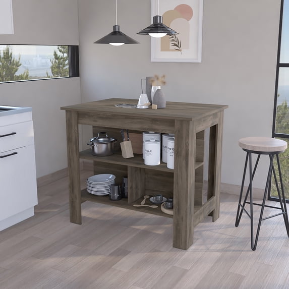 Cterwk Kitchen Island with 3 Shelves, Wood Top Kitchen Table for Dining Room, Living Room, Brown