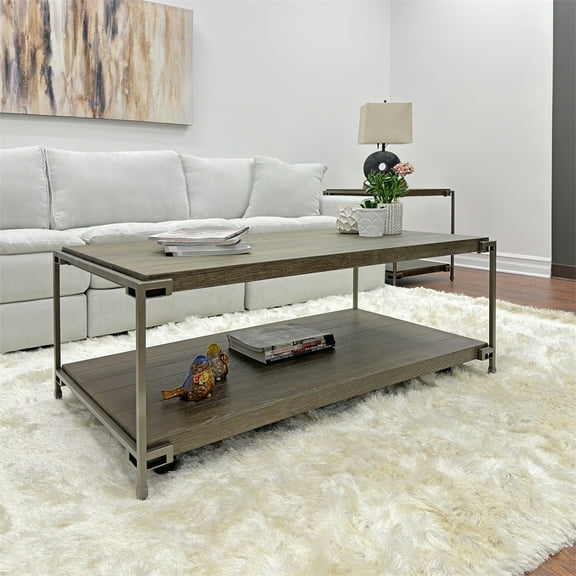 Cterwk Metal Frame Coffee Table with Wheels, Wood Center Table for Office, Living Room