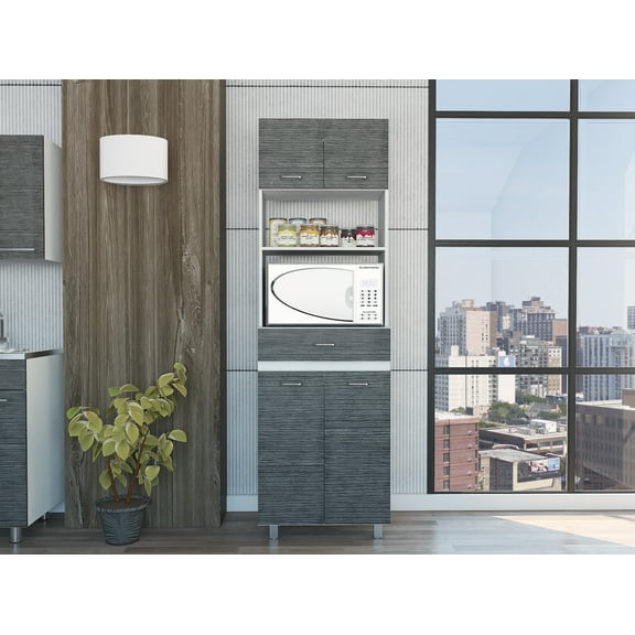 Cterwk Microwave Pantry Cabinet with 4 Doors and 2 Open Shelves and 1 Drawer