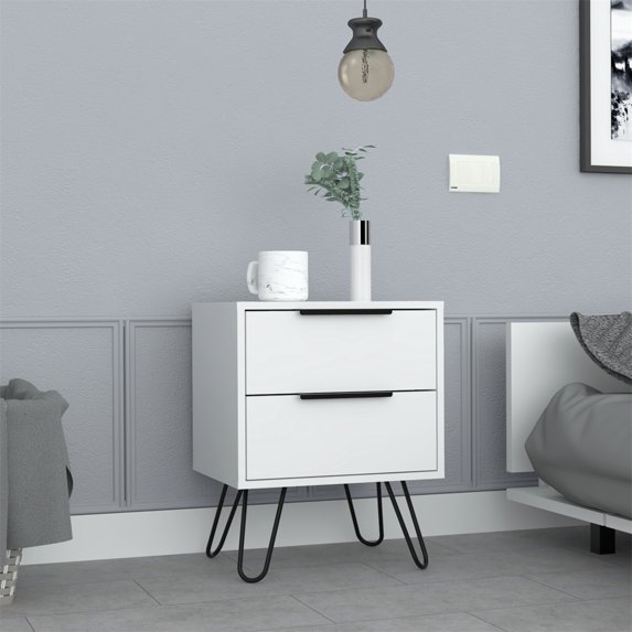 Cterwk Nightstand, 4 Legs, 2 Drawers, White