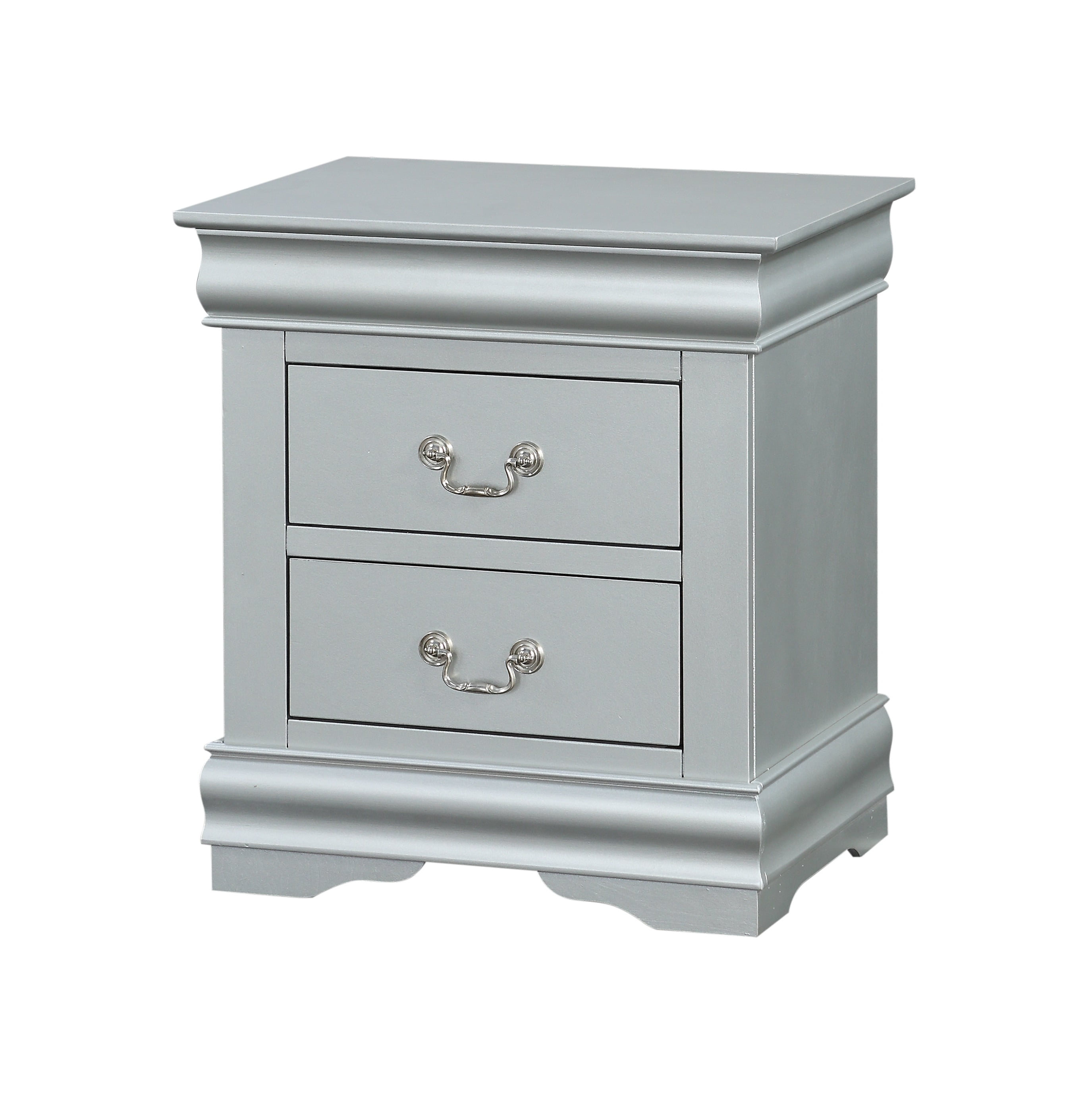 Elegant Silver Wooden Nightstand with Bracket Base and 2 Drawers