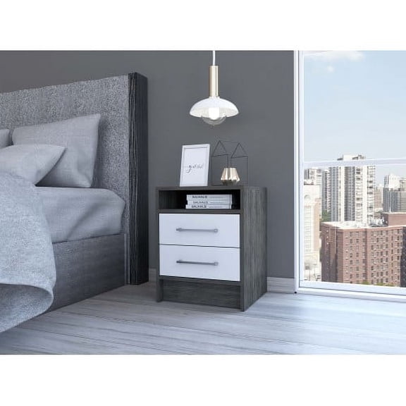 Cterwk Nightstand with Metal Handle and 1 Open Shelf, 2 Drawers Beside Table for Living Room, Bedroom, White + Gray