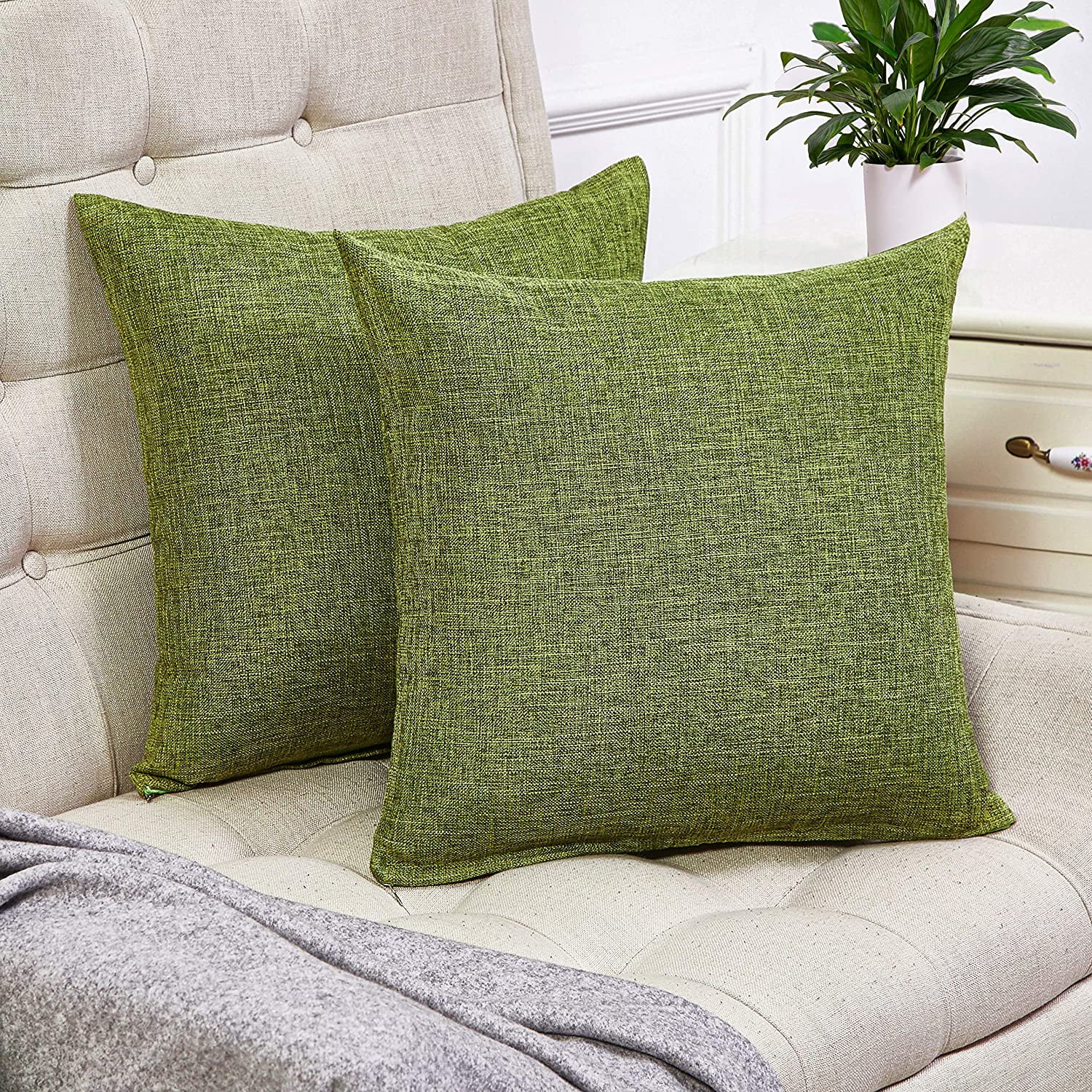 Green Linen Square Throw Pillow Covers, 18" x 18", Set of 2
