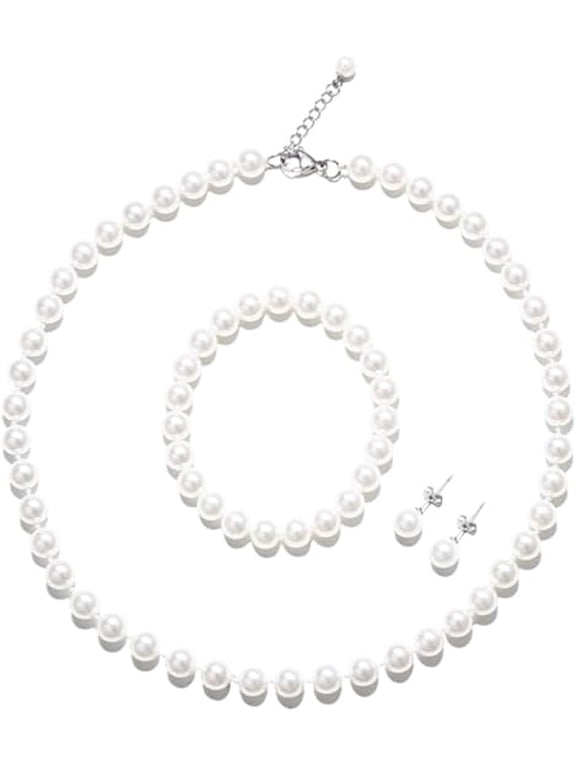 Pearl Necklace Bracelet Earrings Set 8mm Simulated Pearl Choker Necklace Stud Earrings