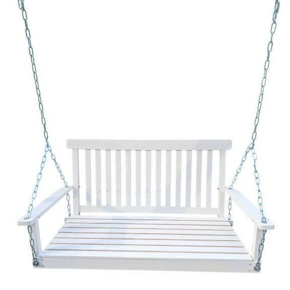 Cterwk Porch Swing with Armrests, Wood Bench Swing with Hanging Chains, White