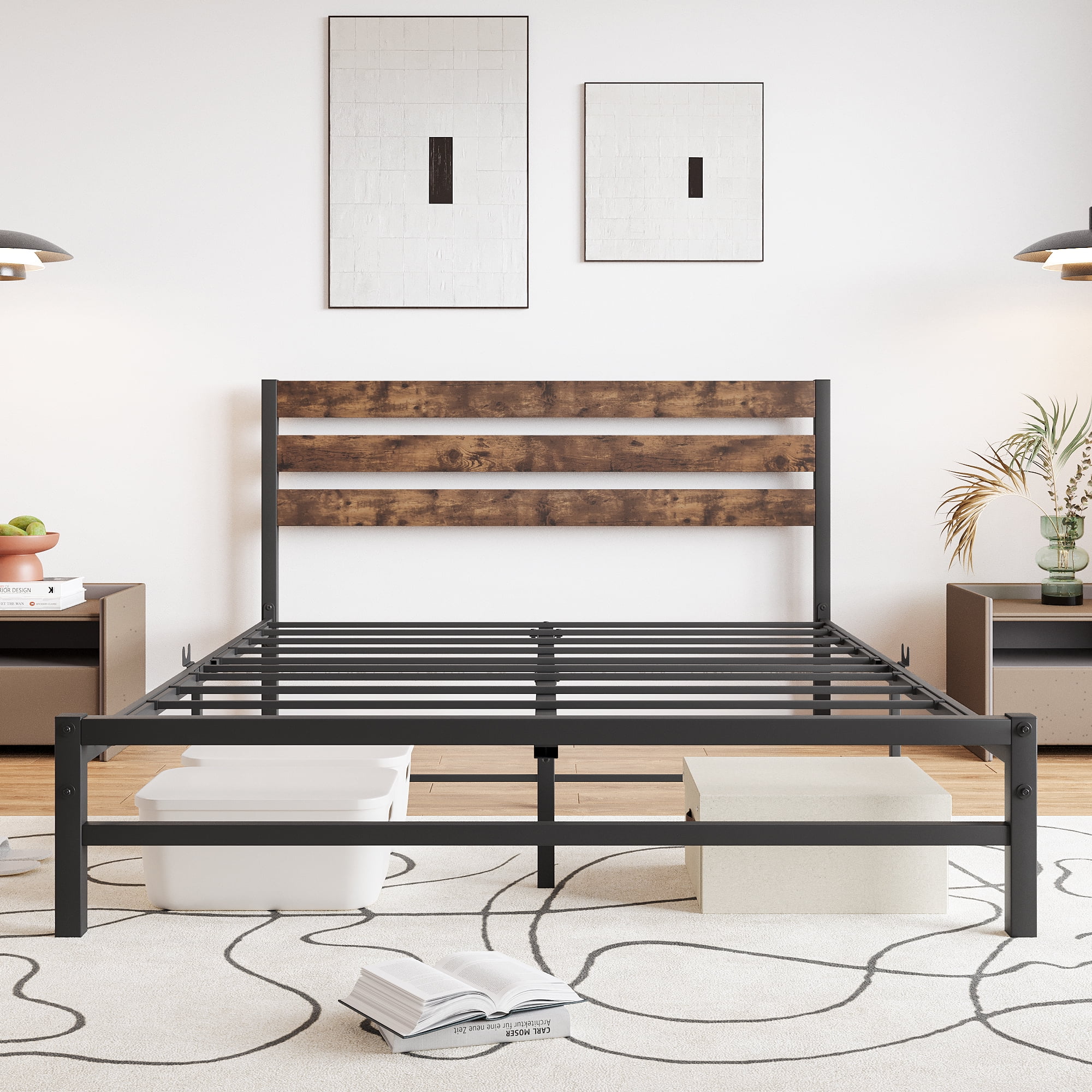 Queen Size Black Metal Frame Bed with Rustic Brown Wood Headboard