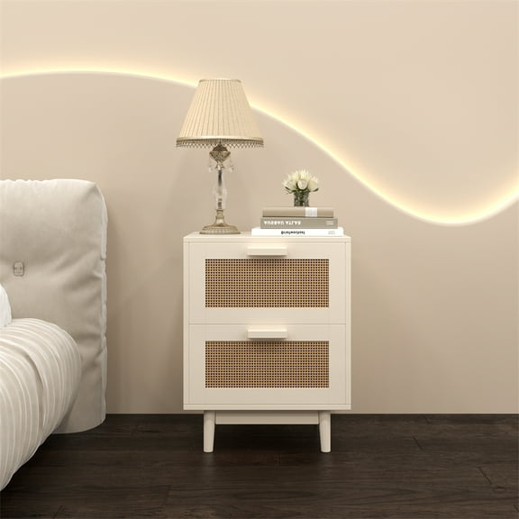 Cterwk Rattan Nightstand End Table Side Table with 2 Drawers, Bedside Table for Living Room, Bedroom, White