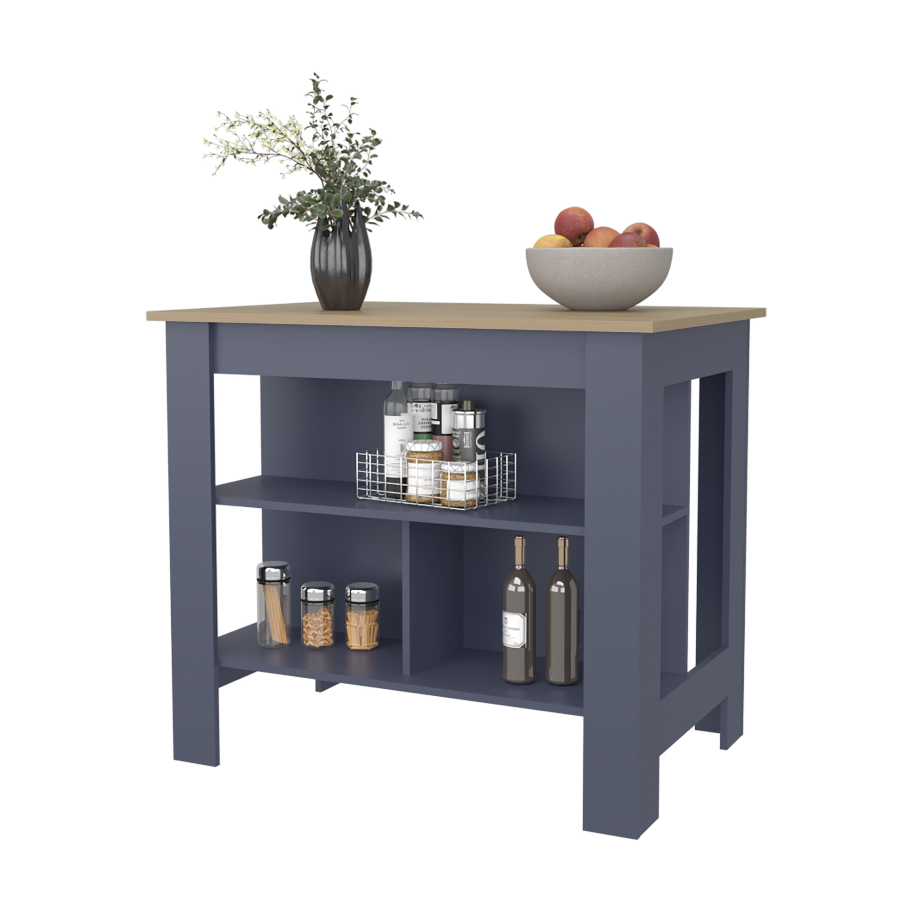 Cterwk Rectangle Island Table with 3 Open Shelves, Wood Kitchen Island ...