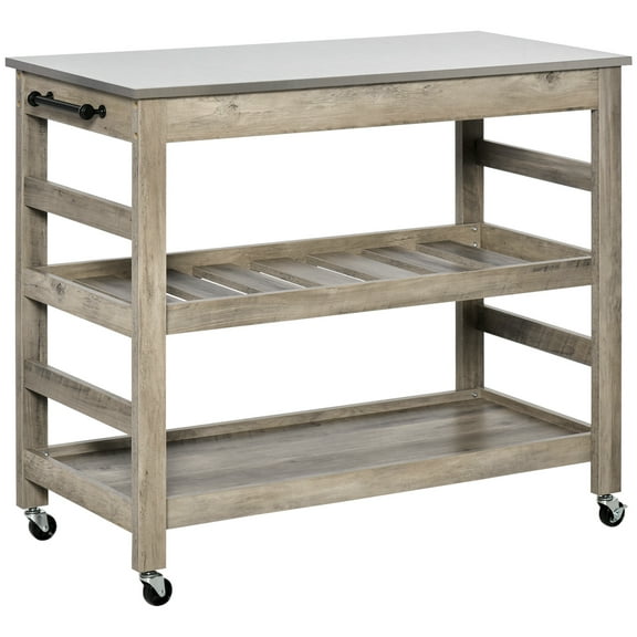 Cterwk Rolling Kitchen Cart with 1 Bottom Shelf and 1 Middle Shelf, Stainless Steel Countertop Kitchen Island with 4 Wheels, Gray