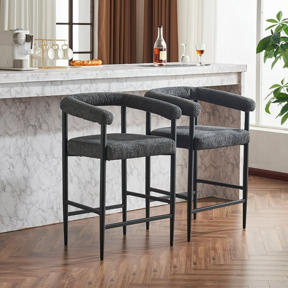 Cterwk Set of 2 Modern Boucle Bar Stools with Metal Frame & Armrests, Upholstered Counter Height Bar Chair for Kitchen Island, Dining Room, Home Bar, Dark Gray