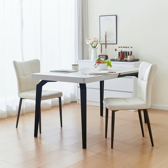 Cterwk Set of 2 High Back Dining Chairs with Metal Frame, Leather Seat Side Chair for Living Room, Dining Room, White(Only 2 Pack Chairs)