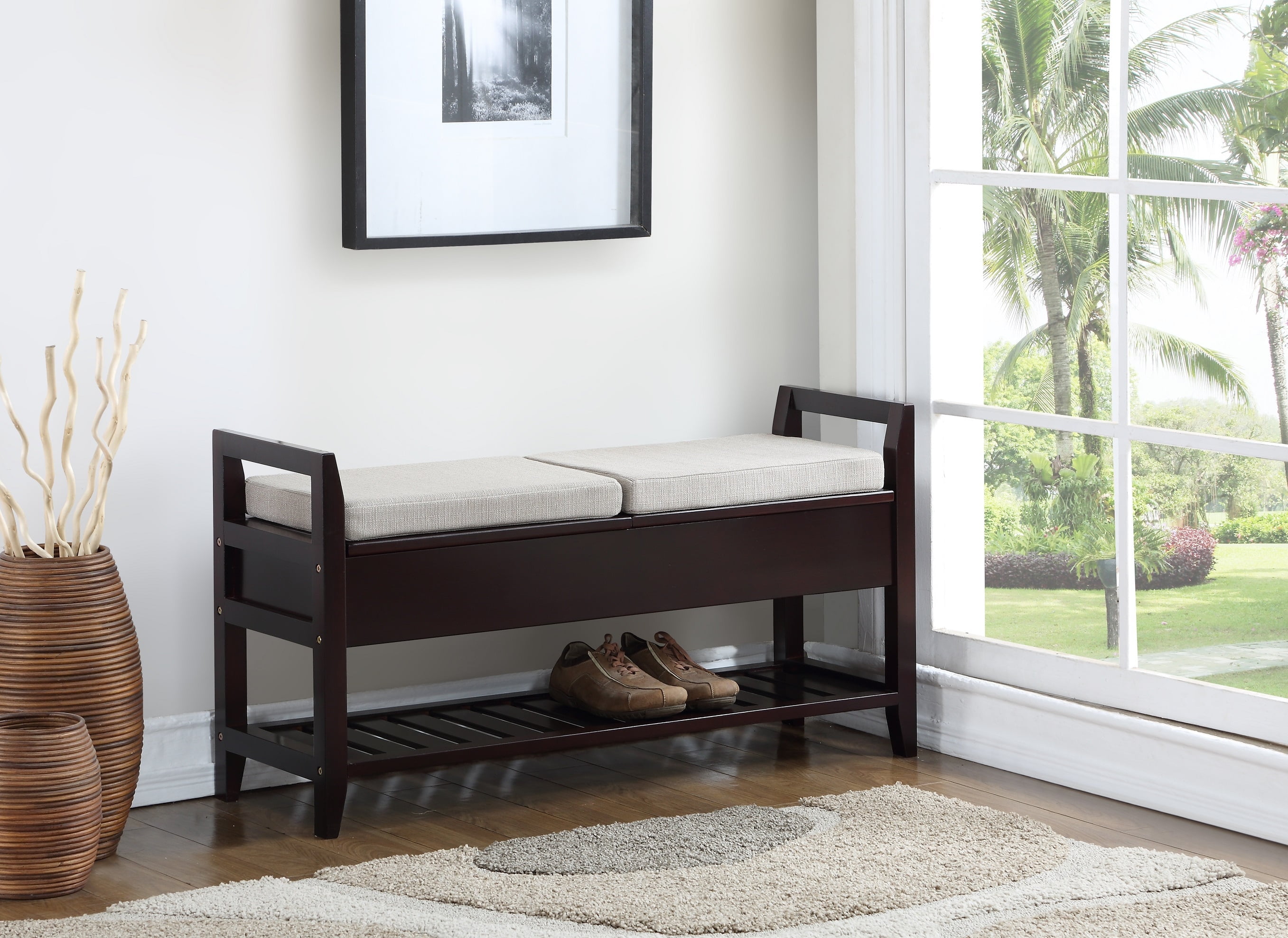 Espresso and Beige Wooden Shoe Bench with Storage
