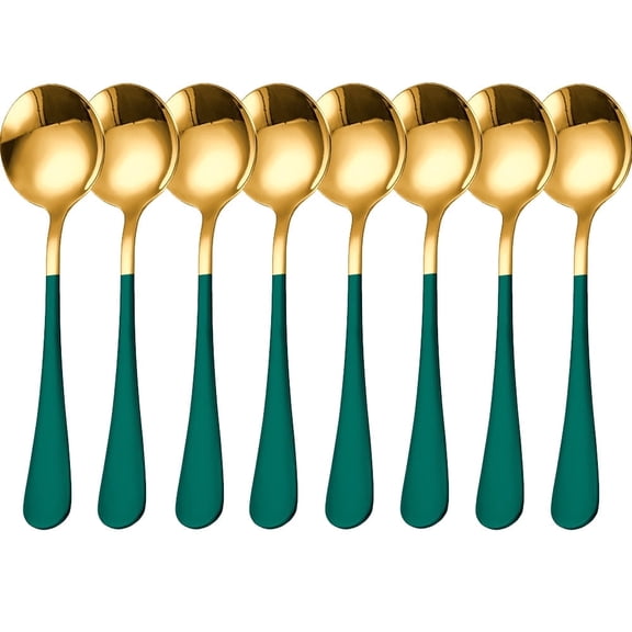 Cterwk Stainless Steel Long Handled Soup Spoons, Green + Gold, 8 Pcs, 6.3 Inches