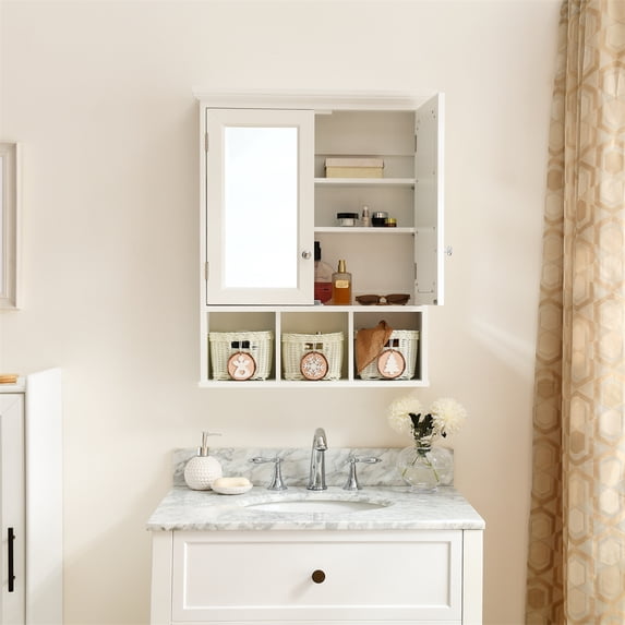 Cterwk Storage Cabinet with Mirror, 2 Doors 4 Adjustable Shelf + 3 Storage Basket, Wall Mounted Wood Cabinet for Bathroom Kitchen