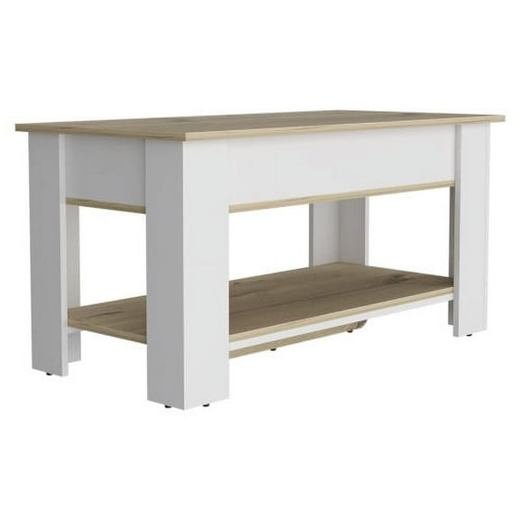 Cterwk Storage Table with Lower Shelf, Wood Storage Bench for Living Room, Light Brown + White