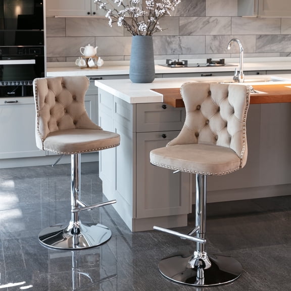 Cterwk Swivel Velvet Barstools Adjusatble Seat Height from 25-33 Inch, Modern Upholstered Chrome base Bar Stools with Backs Comfortable Tufted for Home Pub and Kitchen Island（Khaki,Set of 2）