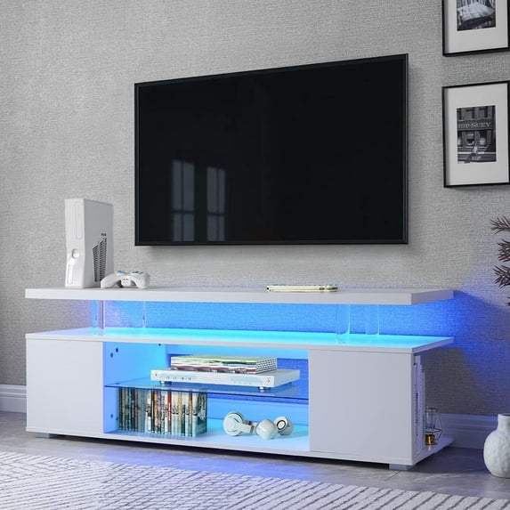 Cterwk TV Stand for TVs up to 70 Inch, Entertainment Center Media Table with Open Shelf and LED Light, TV Cabinet for Living Room, White