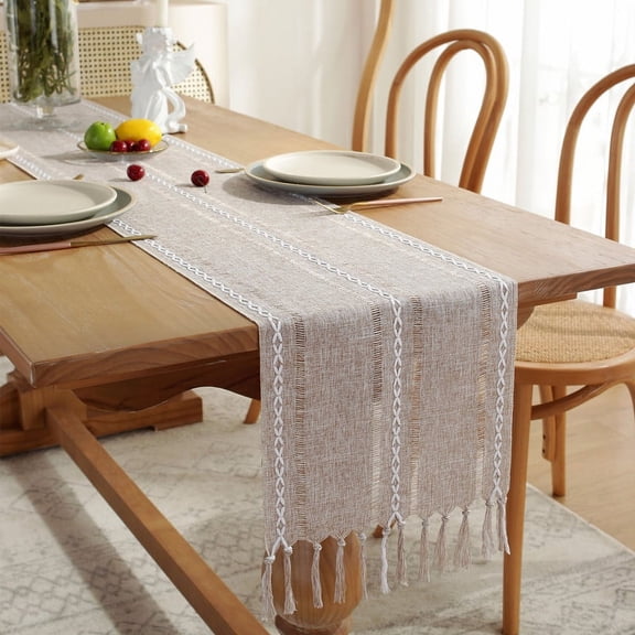 Cterwk Table Runner with Tassels, Embroidered Cotton Linen Table Runner Boho Table Runners for Christmas Party and Wedding, 63x13 Inches