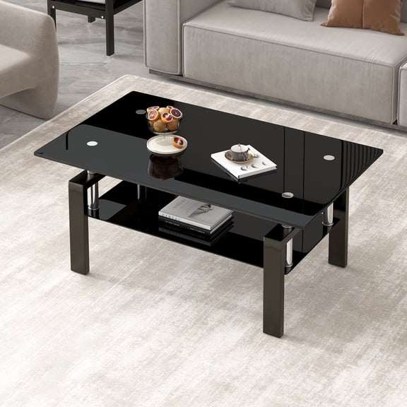 Cterwk Tempered Glass Coffee Table with Open Shelf, 2 Layers Tea Table for Living Room, Office, Black