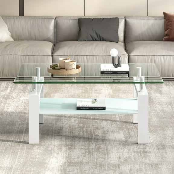 Cterwk Tempered Glass Tabletop Coffee Table Center Table for Living Room, Office, White