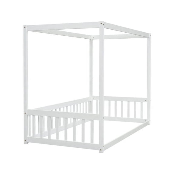 Cterwk Twin Size Canopy Frame Floor Bed with Fence and Guardrails, White
