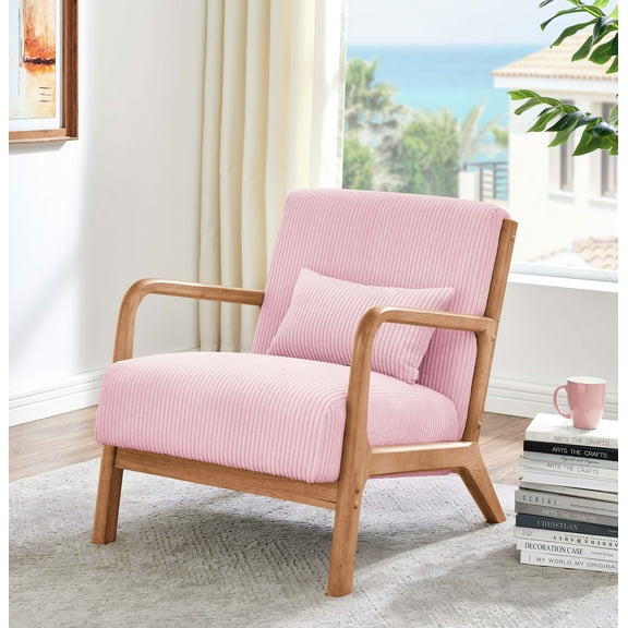 Cterwk Upholstered Corduroy Club Chair with Wooden Frame, Modern Accent Chair for Living Room, Office, Bedroom, Pink