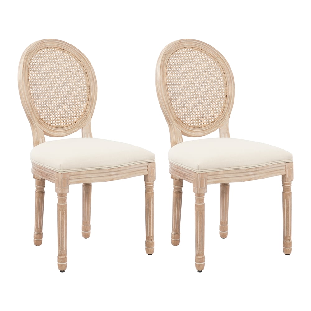 Beige Upholstered Wood and Cane Oval Back Side Chair