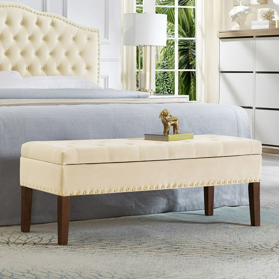 Cterwk Upholstered Velvet Bench with Storage, Perfect for Living Room, Bedroom, Cream White