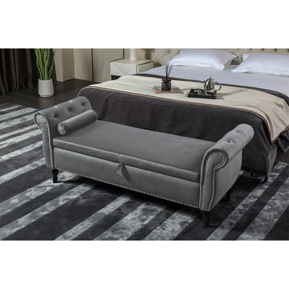 Cterwk Velvet Storage Footstool with Solid Wood Legs, Long Bench for Living Room, Bedroom, Gray