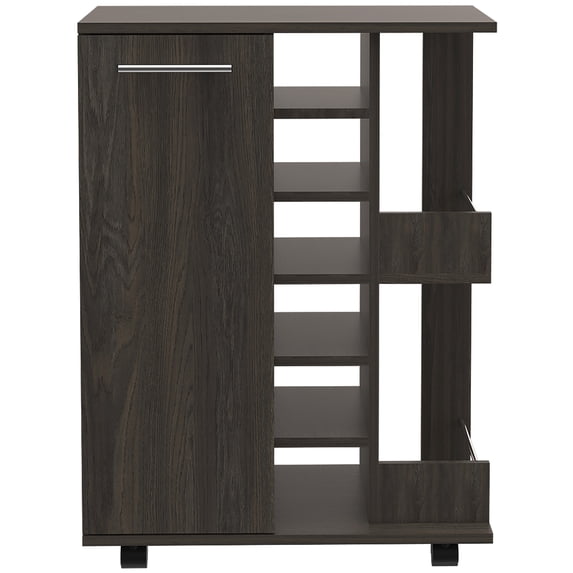 Cterwk Wood Bar Cart with 2 Shelf and 6 Bottle Rack, Brown