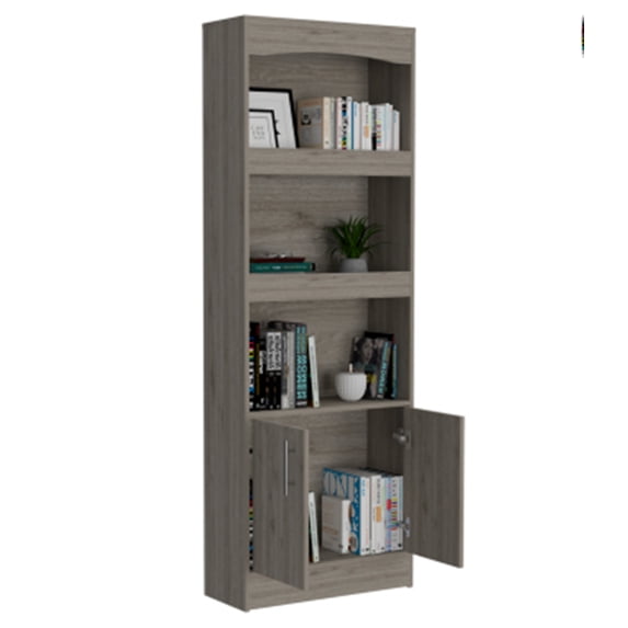 Cterwk Wood Bookshelf Bookcase with 2 Door Cabinet, 3 Shelves Book Storage Rack for Living Room, Office, Light Gray