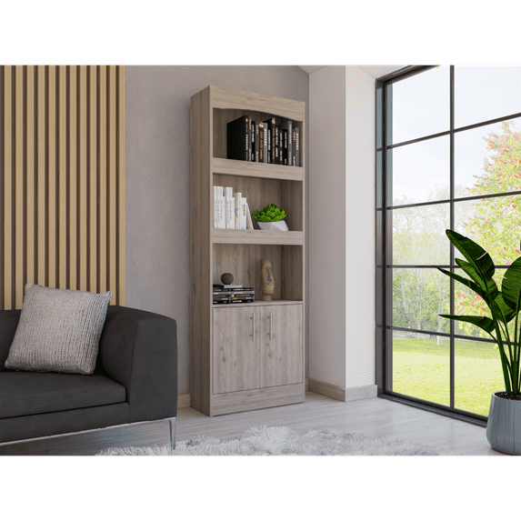 Cterwk Wood Bookshelf with 2 Door Cabinet and Metal Handle, 3 Tier Bookcase for Living Room, Office, Gray