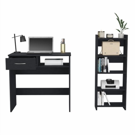 Cterwk Wood Computer Desk with Drawer and Shelf, 5 Tiers Bookshlf Bookcase Storage Rack for Home Office, Black