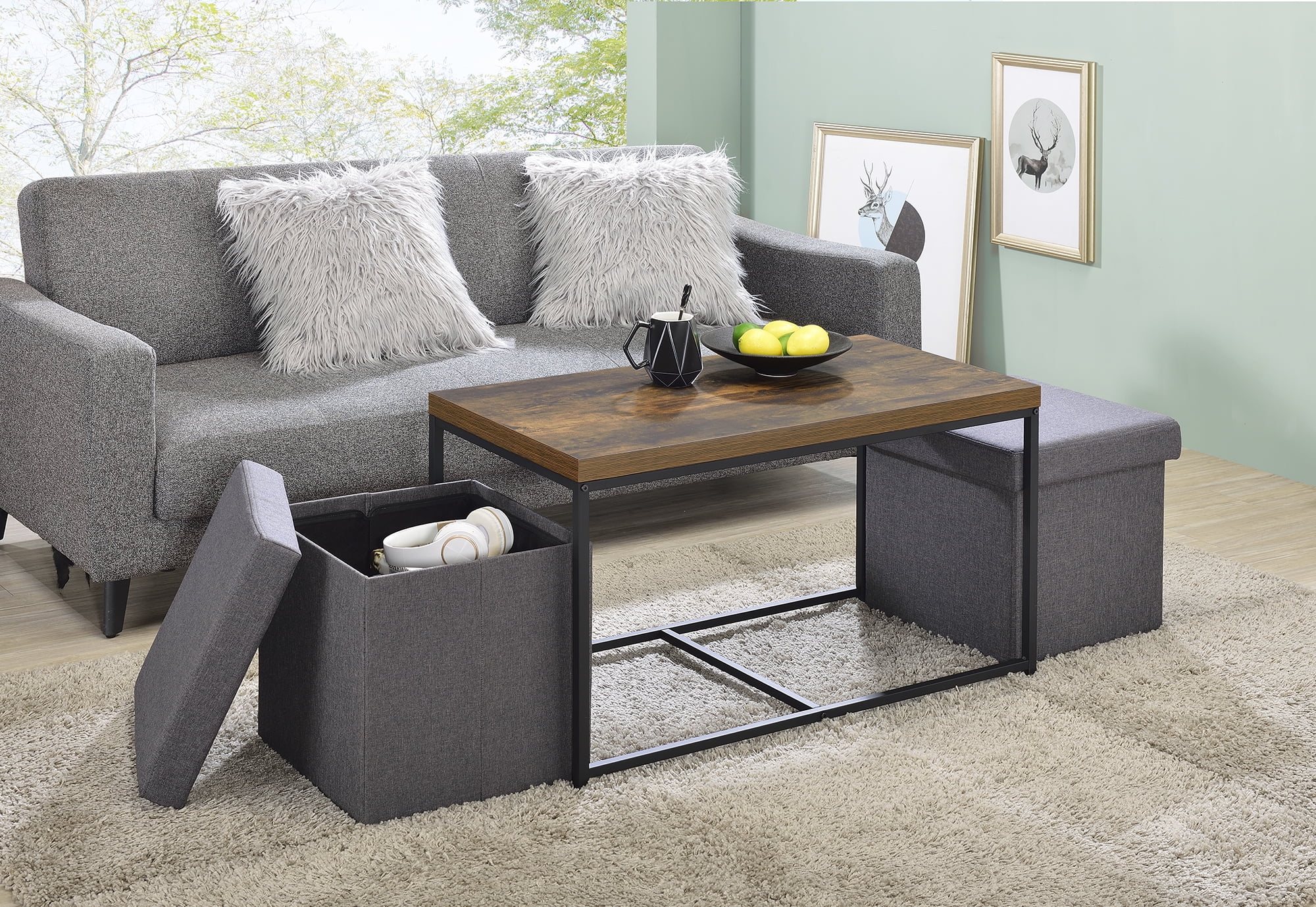 Brown Wood Grain Coffee Table Set with Storage Stools