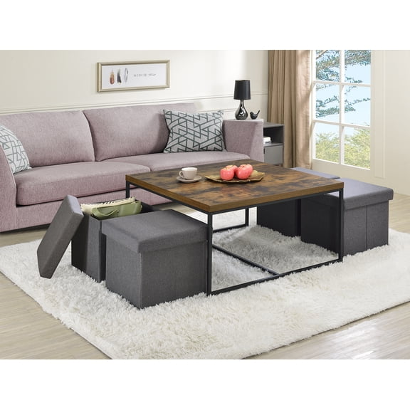 Cterwk Wood Grain Coffee Table with 4 Stools , Brown
