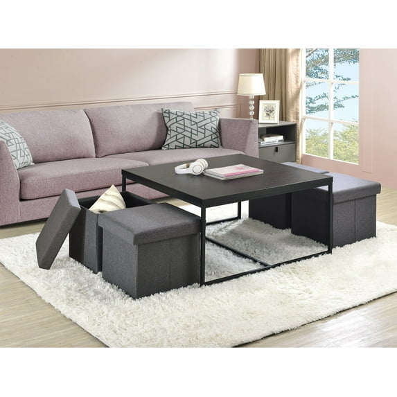 Cterwk Wood Grain Coffee Table with 4 Storage Stools , Black
