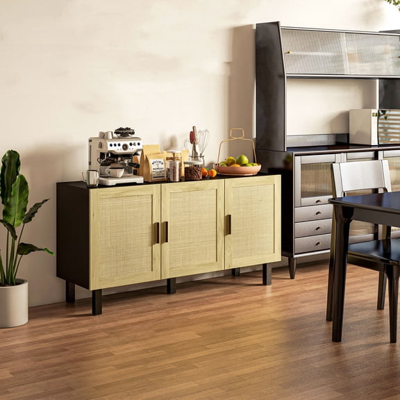 Cterwk Wood Sideboard Buffet Cabinet with Inner Shelves, 3 Doors Coffee Bar Cabinet for Living Room, Kitchen, Dining Room, Black + Brown