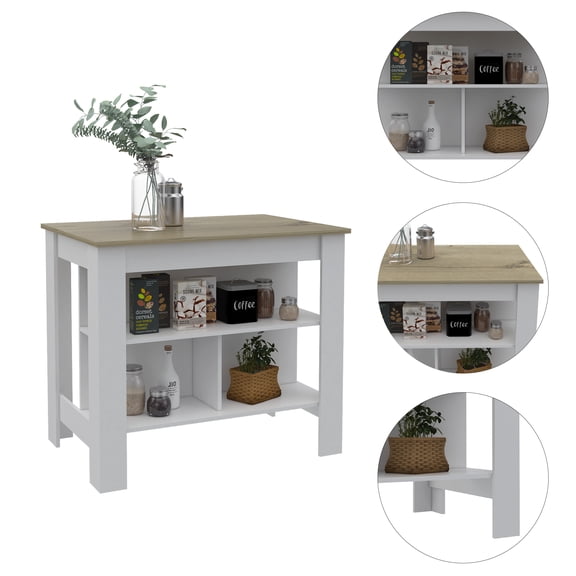 Cterwk Wood Top Kitchen Island with 3 Shelves, Island Table for Kitchen, Dining Room, Light Brown + White