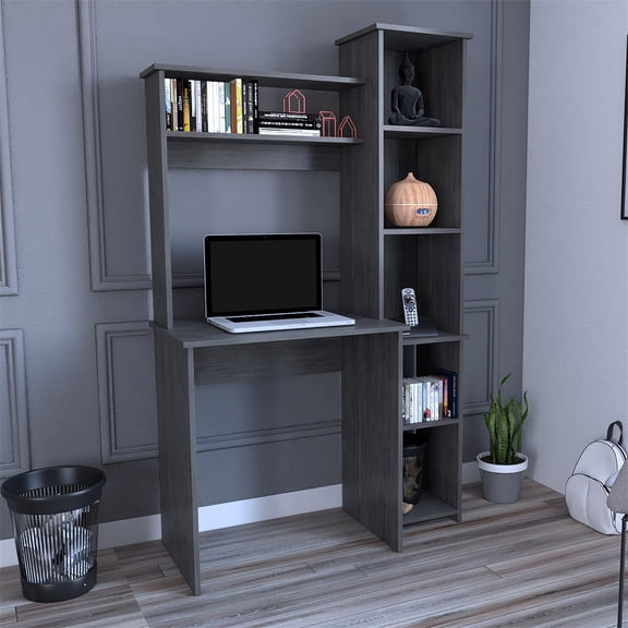 Cterwk Writintg Desk, 2 Superior Shelves, 5 Cubbies, Dark Gray