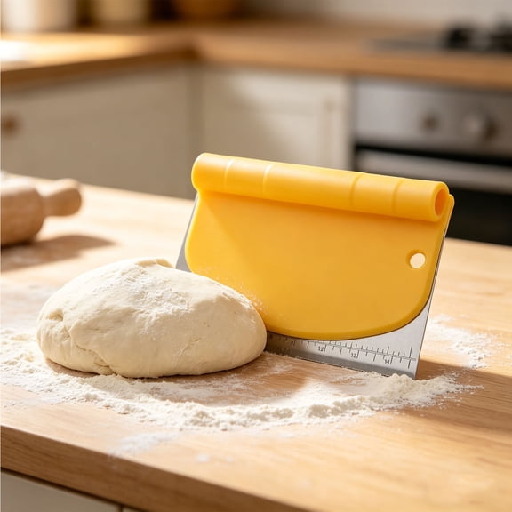 Cthrlog 2 IN 1 Upgrade Bench Scraper, Dough Scraper for Pastry Bread Cake Pizza, Stainless Steel Dough Cutter with Conversion Chart & Measuring Scale, Bowl Scraper Food Scraper Yellow