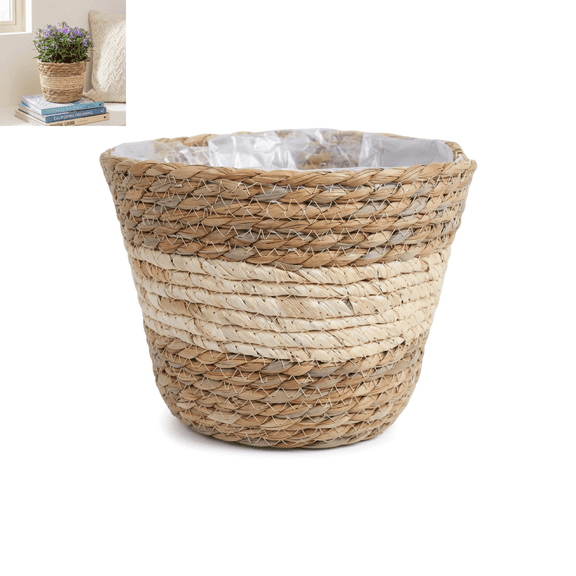 Cthrlog Beige Seagrass Planter Basket with Plastic Lining, Woven Storage Basket, 7x6 Inch Plant Baskets Indoor Outdoor, Flowerpot Baskets Cover Natural Plant Containers for Home Floor