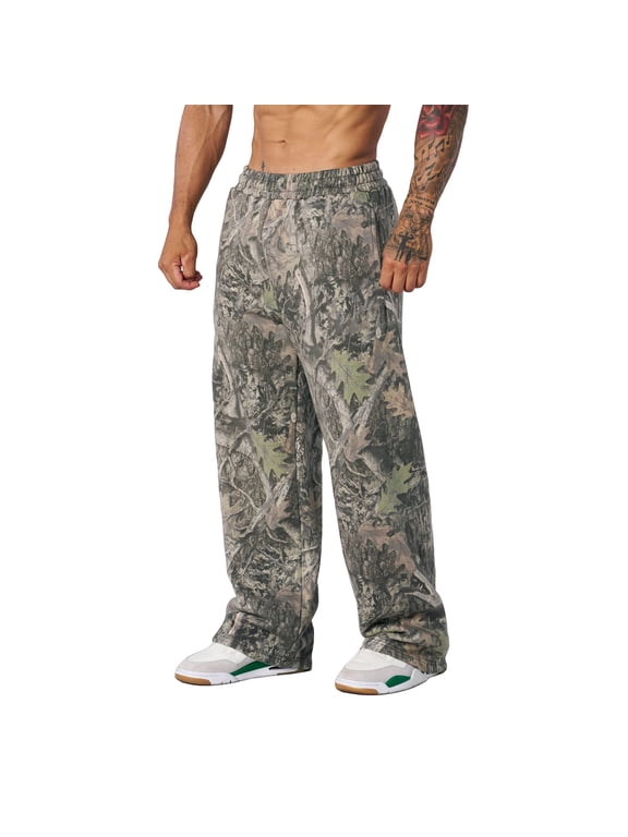 Cthrlog Mens Baggy Pants Casual Camo Graphic Leaf Print Streetwear Pants Joggers Workout Elastic Waist Wide Leg Pants Y2k with Pockets Army Green 001