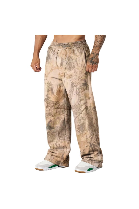 Cthrlog Mens Baggy Pants Casual Camo Graphic Leaf Print Streetwear Pants Workout Athletic Joggers Elastic Waist Wide Leg Pants Lounge with Pockets Light Green 024