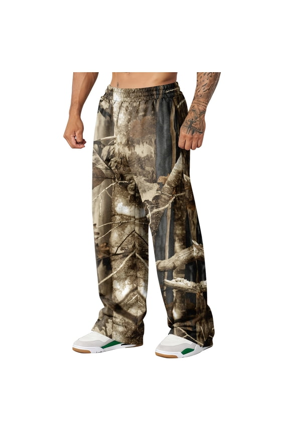 Cthrlog Mens Baggy Pants Casual Camo Leaf Print Streetwear Pants Athletic Elastic Waist Wide Leg Pants Funny with Pockets Mint Green 007