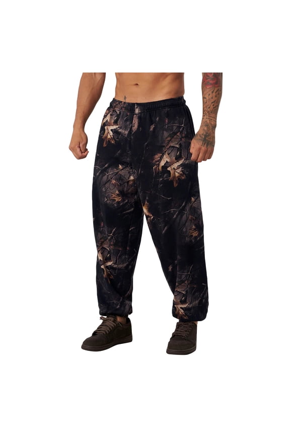 Cthrlog Mens Baggy Pants Casual Camo Leaf Print Streetwear Pants Athletic Elastic Waist Wide Leg Pants Y2k with Pockets Black 004