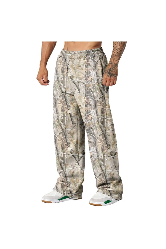 Cthrlog Mens Baggy Pants Casual Camo Leaf Print Streetwear Sweatpants Joggers Workout Elastic Waist Wide Leg Pants Y2k with Pockets Camouflage 008